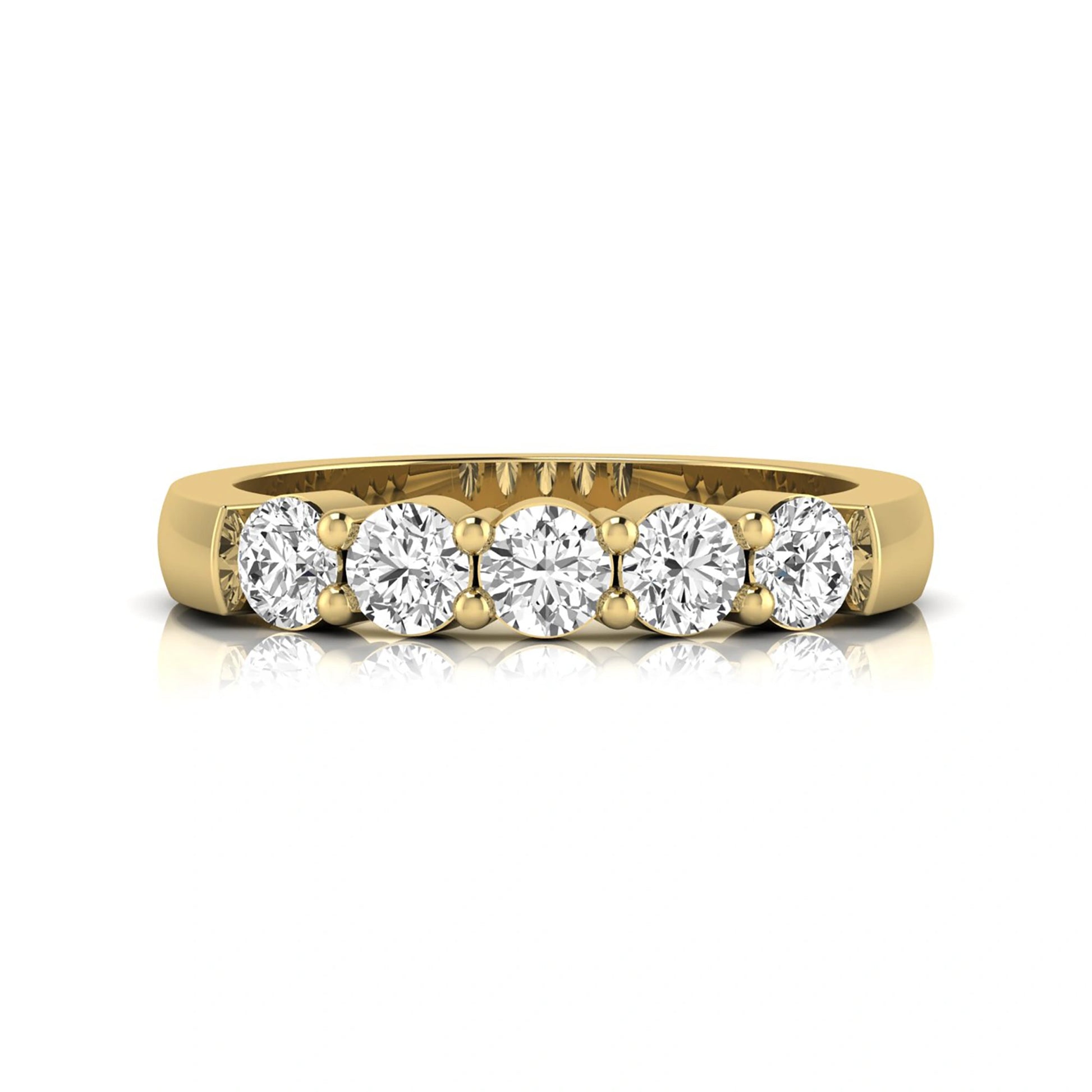 Round cut five stone lab grown diamond anniversary ring featuring a shared prong setting with a polished yellow gold finish band.
