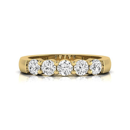 Round cut five stone lab grown diamond anniversary ring featuring a shared prong setting with a polished yellow gold finish band.