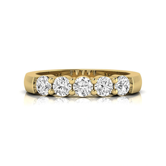 Round cut five stone lab grown diamond anniversary ring featuring a shared prong setting with a polished yellow gold finish band.