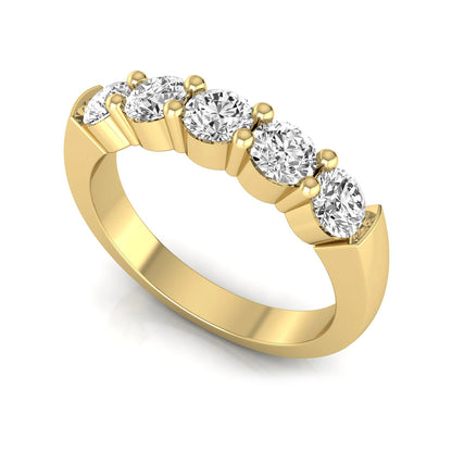 Round cut five stone lab grown diamond anniversary ring featuring a shared prong setting with a polished yellow gold finish band.