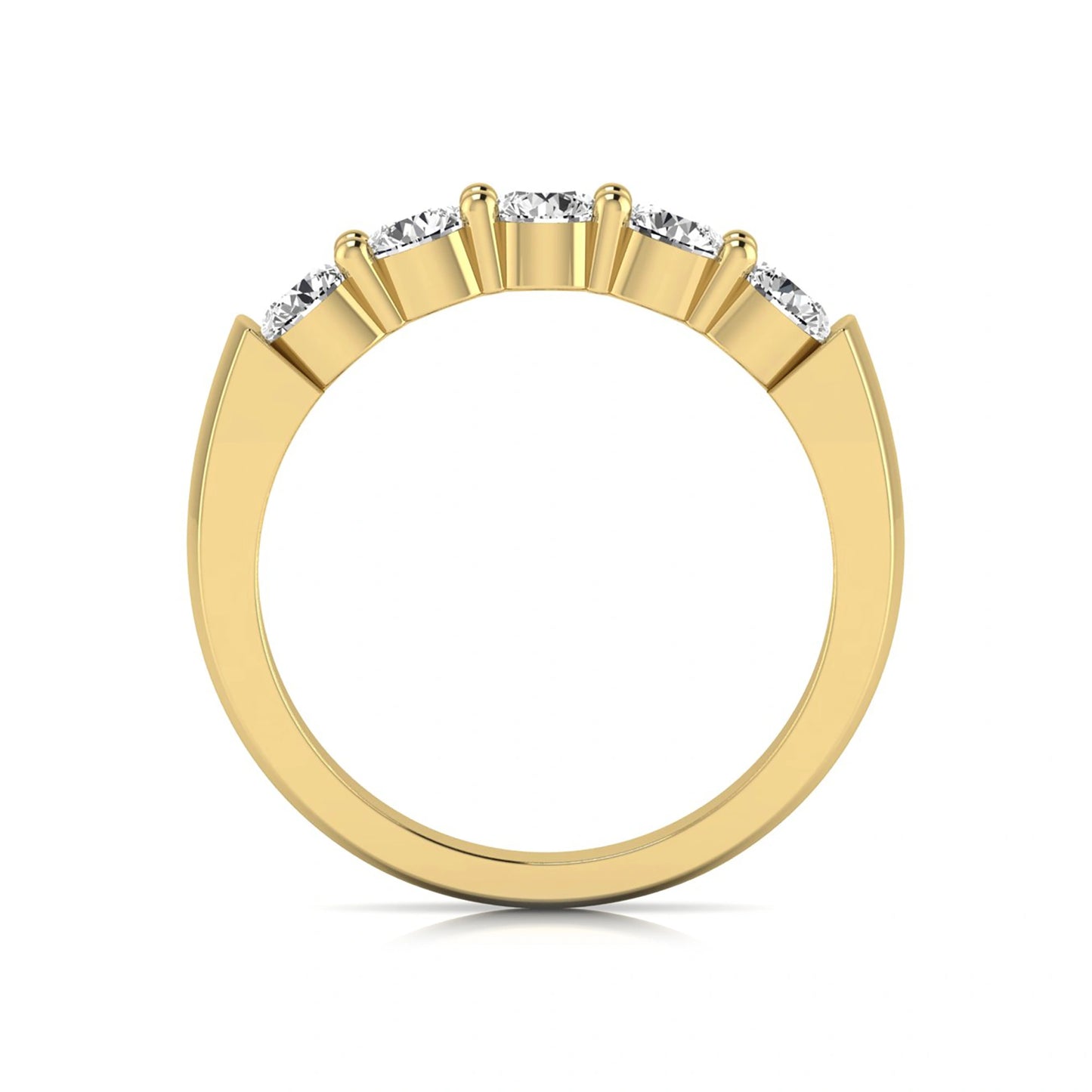 Round cut five stone lab grown diamond anniversary ring featuring a shared prong setting with a polished yellow gold finish band.