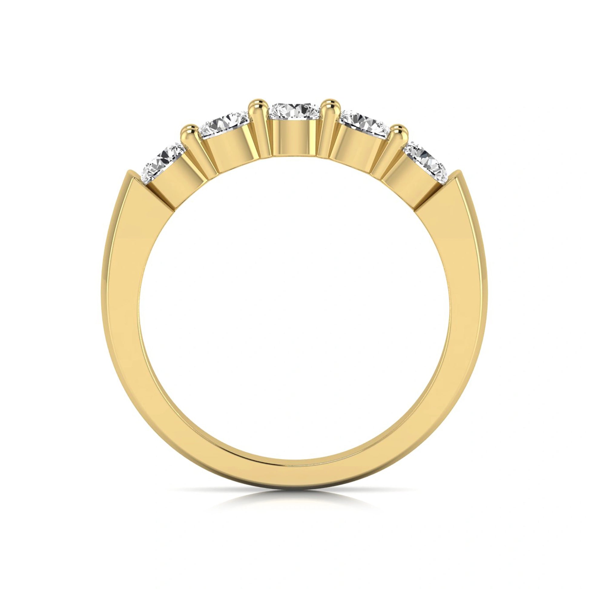 Round cut five stone lab grown diamond anniversary ring featuring a shared prong setting with a polished yellow gold finish band.