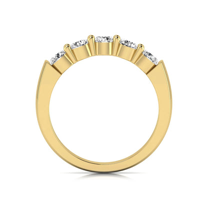 Round cut five stone lab grown diamond anniversary ring featuring a shared prong setting with a polished yellow gold finish band.
