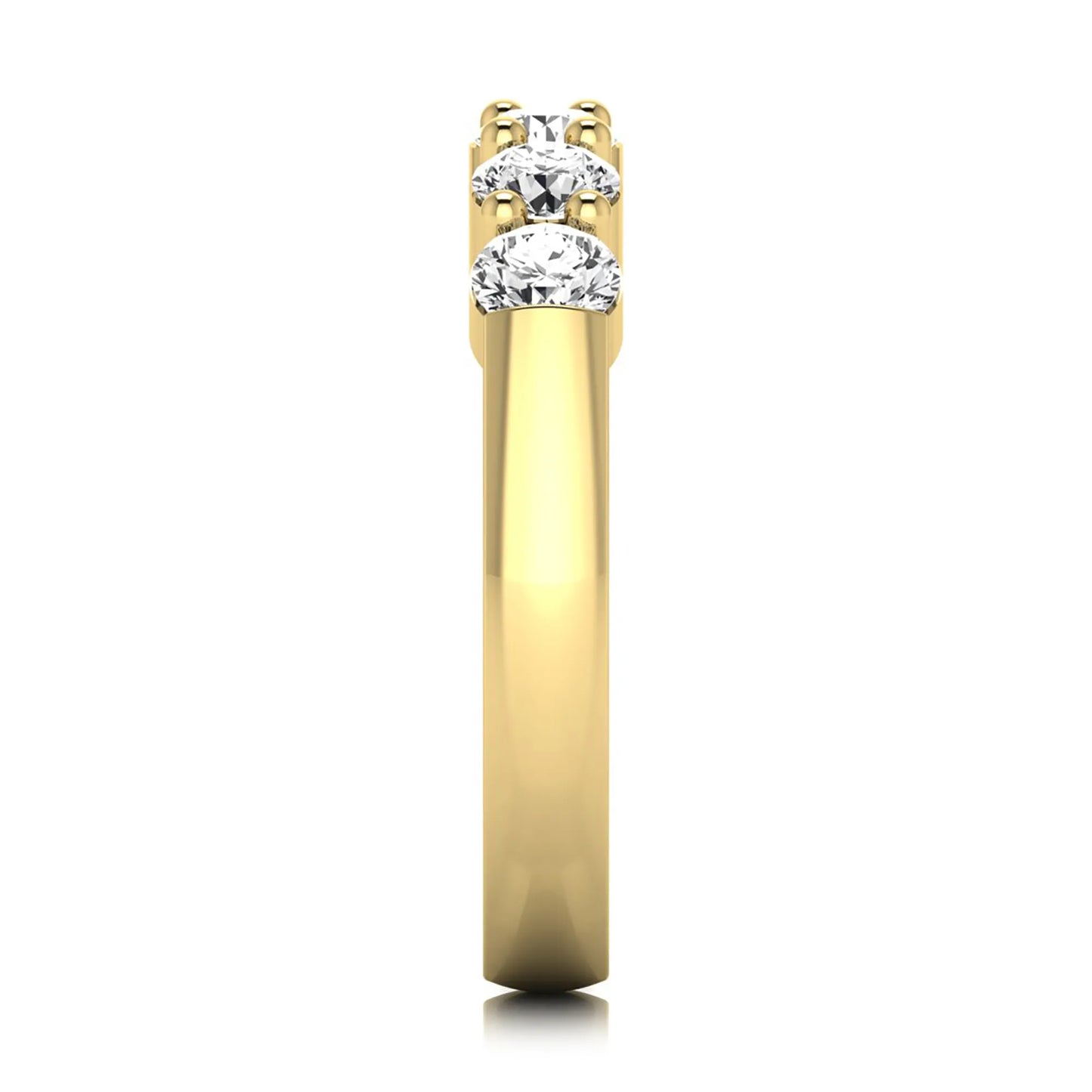 Round cut five stone lab grown diamond anniversary ring featuring a shared prong setting with a polished yellow gold finish band.