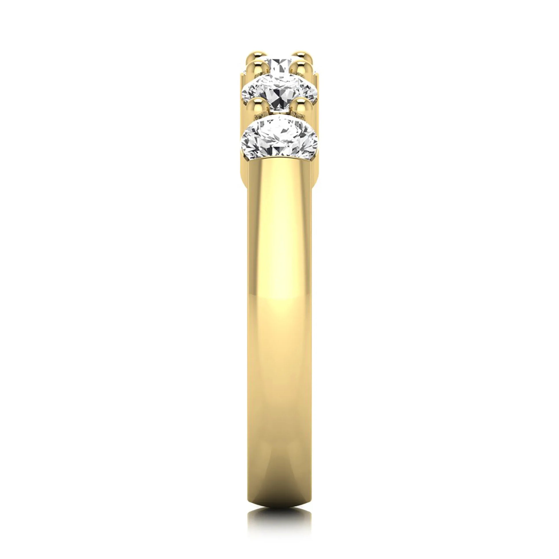 Round cut five stone lab grown diamond anniversary ring featuring a shared prong setting with a polished yellow gold finish band.