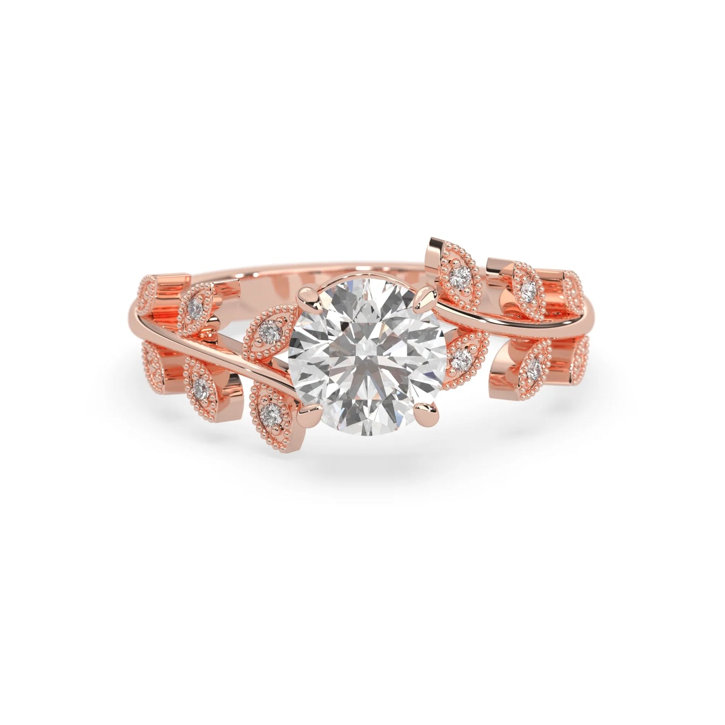 Round floral vintage lab grown diamond pave engagement ring with 1 carat center diamond in rose gold