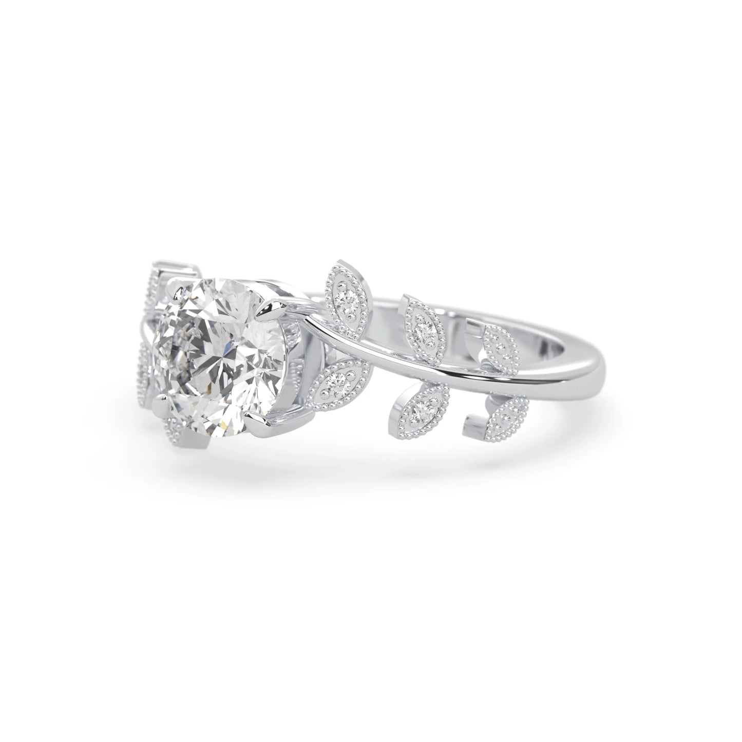 Round floral vintage lab grown diamond pave engagement ring with 1 carat center diamond in white gold