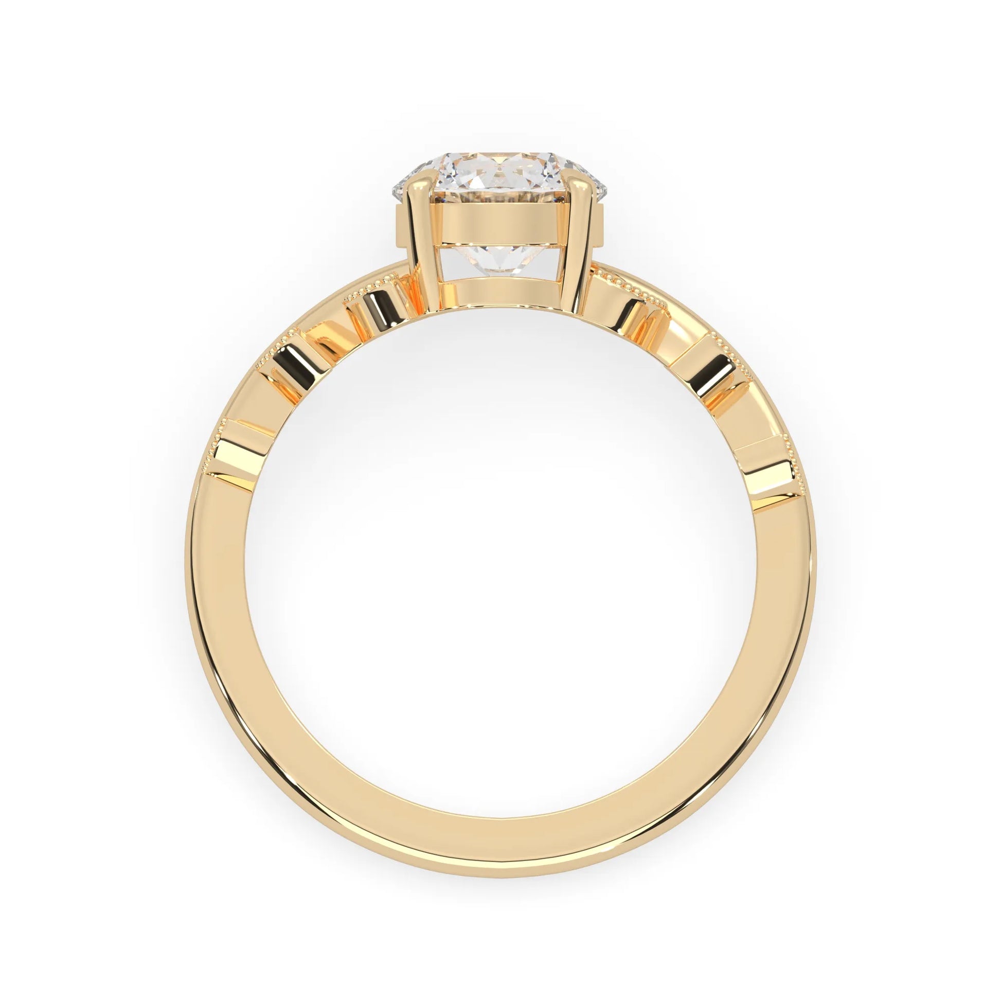 Round floral vintage lab grown diamond pave engagement ring with 1 carat center diamond in yellow gold