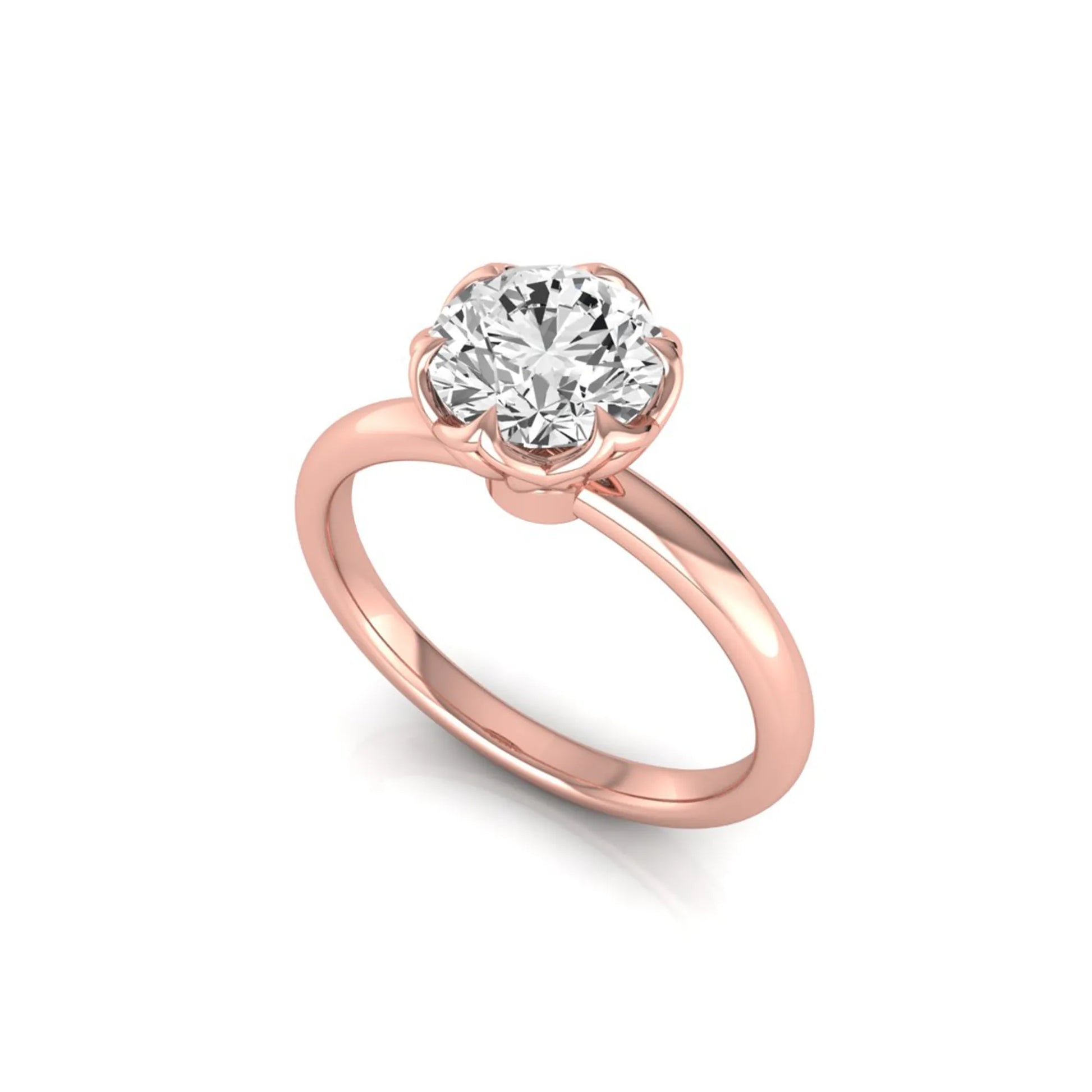 Round cut lab grown diamond solitaire engagement ring featuring a 2.04 carat IGI certified center diamond in a flower-inspired six-prong setting with a rose gold design.