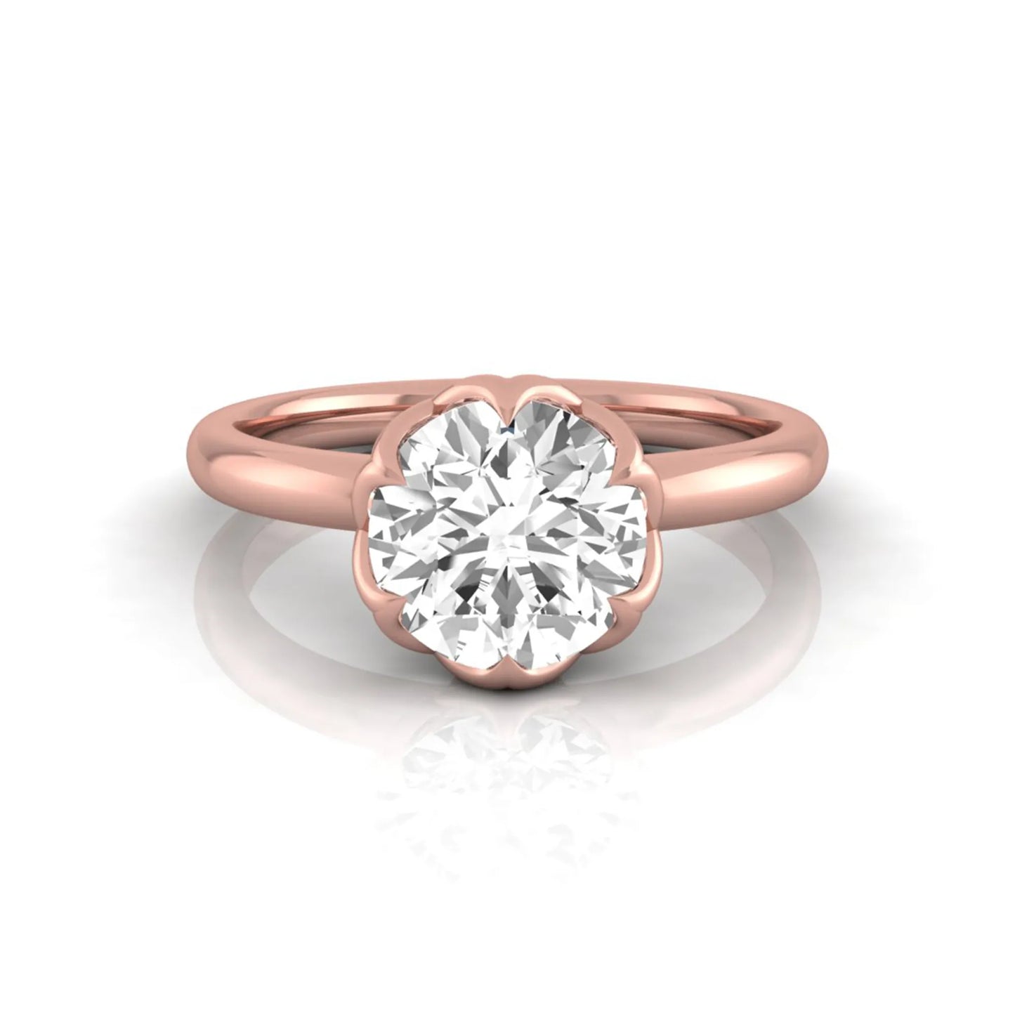 Round cut lab grown diamond solitaire engagement ring featuring a 2.04 carat IGI certified center diamond in a flower-inspired six-prong setting with a rose gold design.