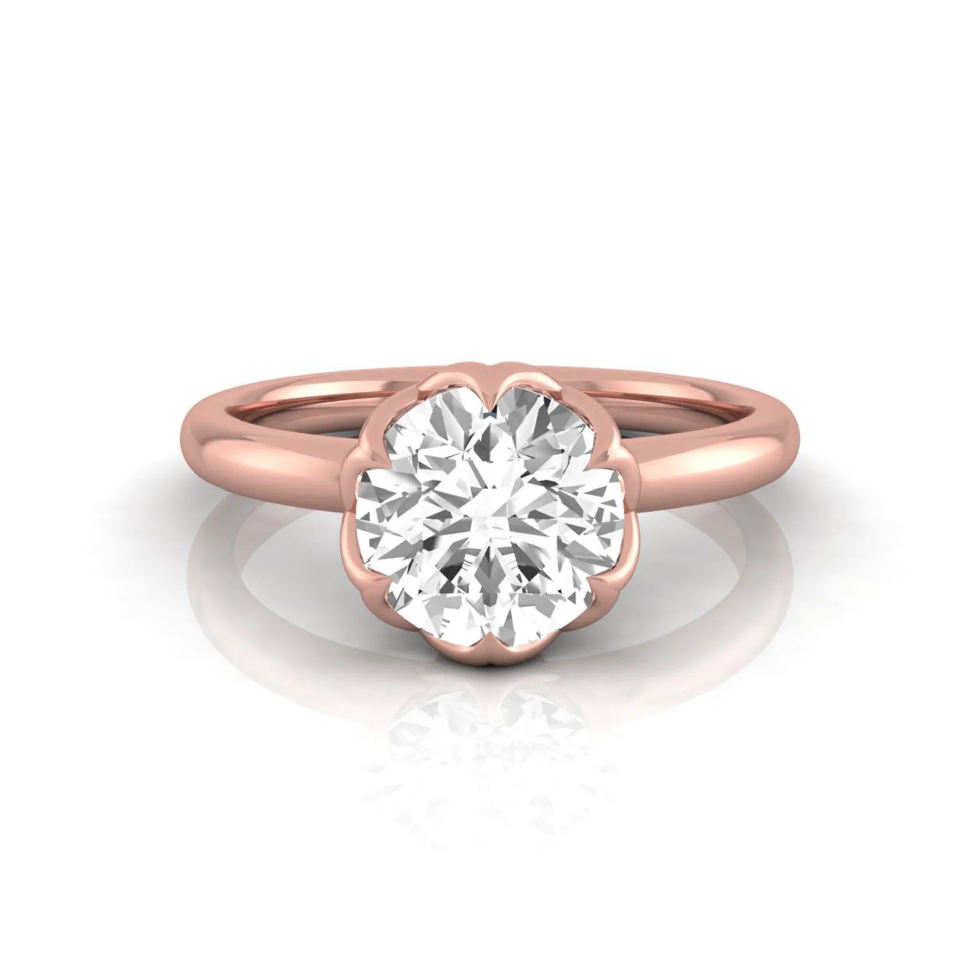 Round cut lab grown diamond solitaire engagement ring featuring a 2.04 carat IGI certified center diamond in a flower-inspired six-prong setting with a rose gold design.