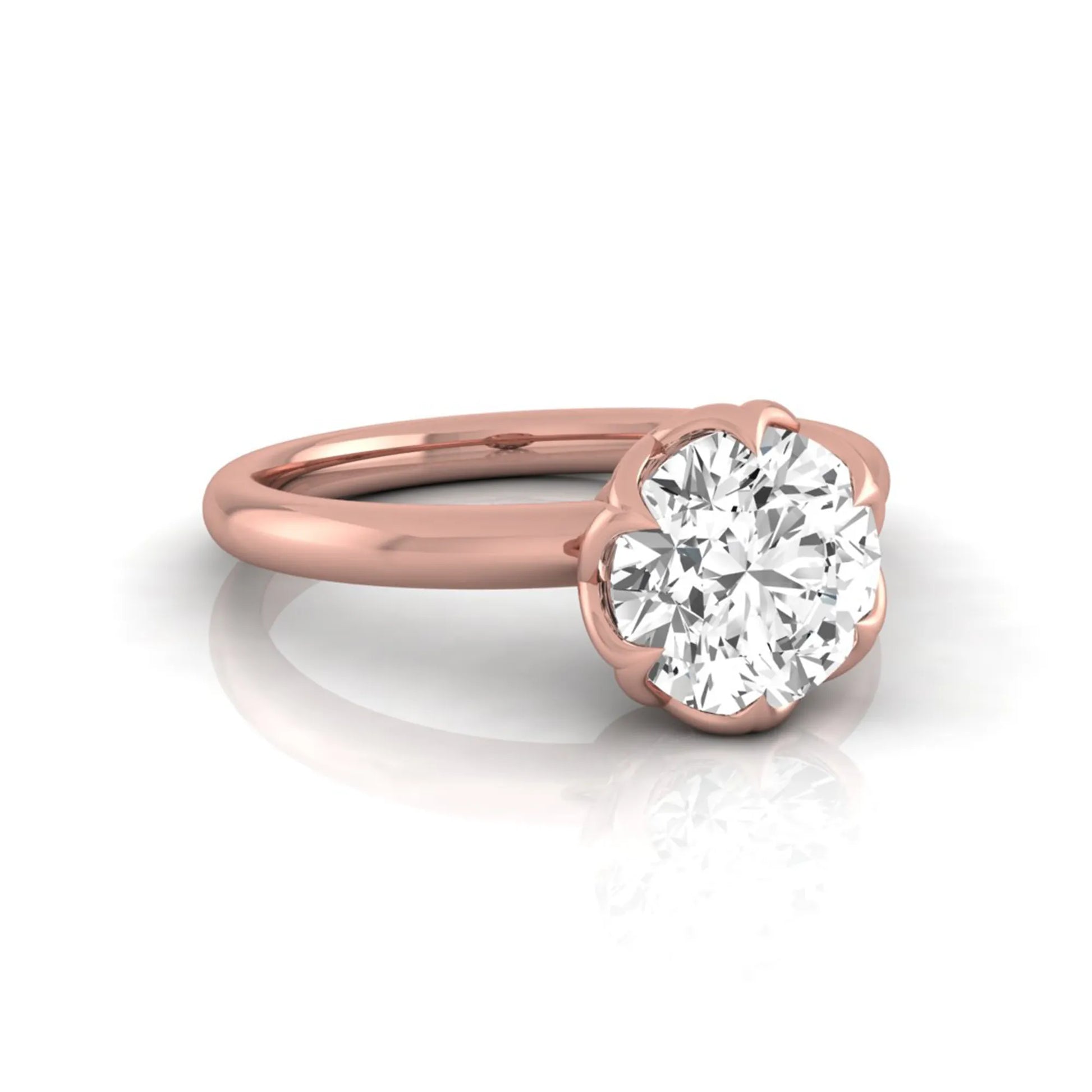 Round cut lab grown diamond solitaire engagement ring featuring a 2.04 carat IGI certified center diamond in a flower-inspired six-prong setting with a rose gold design.