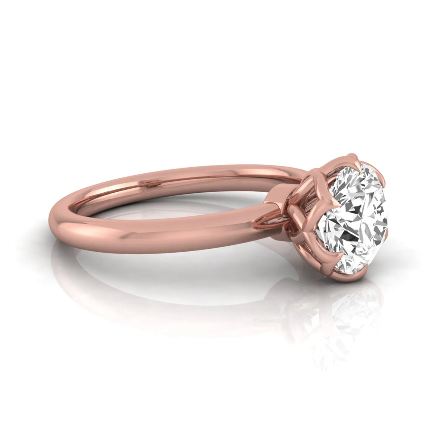 Round cut lab grown diamond solitaire engagement ring featuring a 2.04 carat IGI certified center diamond in a flower-inspired six-prong setting with a rose gold design.