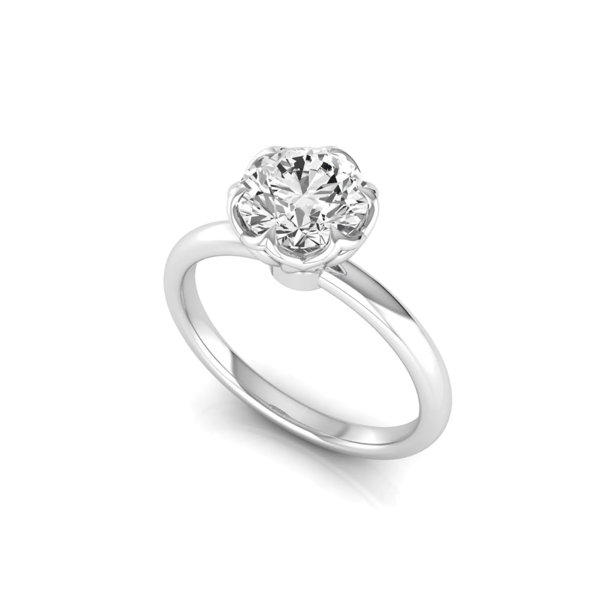 Round cut lab grown diamond solitaire engagement ring featuring a 2.04 carat IGI certified center diamond in a flower-inspired six-prong setting with a white gold design.