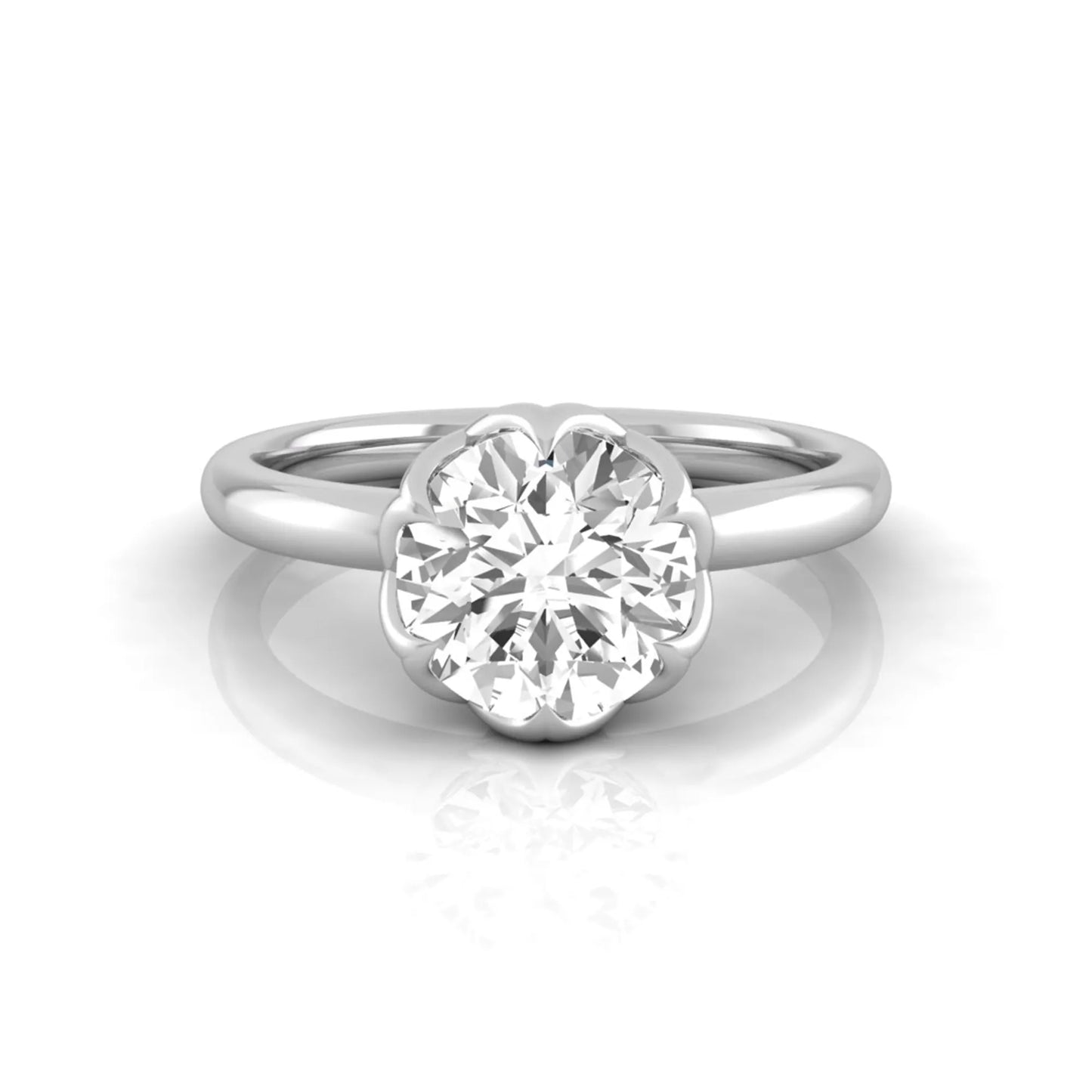 Round cut lab grown diamond solitaire engagement ring featuring a 2.04 carat IGI certified center diamond in a flower-inspired six-prong setting with a white gold design.