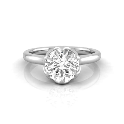 Round cut lab grown diamond solitaire engagement ring featuring a 2.04 carat IGI certified center diamond in a flower-inspired six-prong setting with a white gold design.