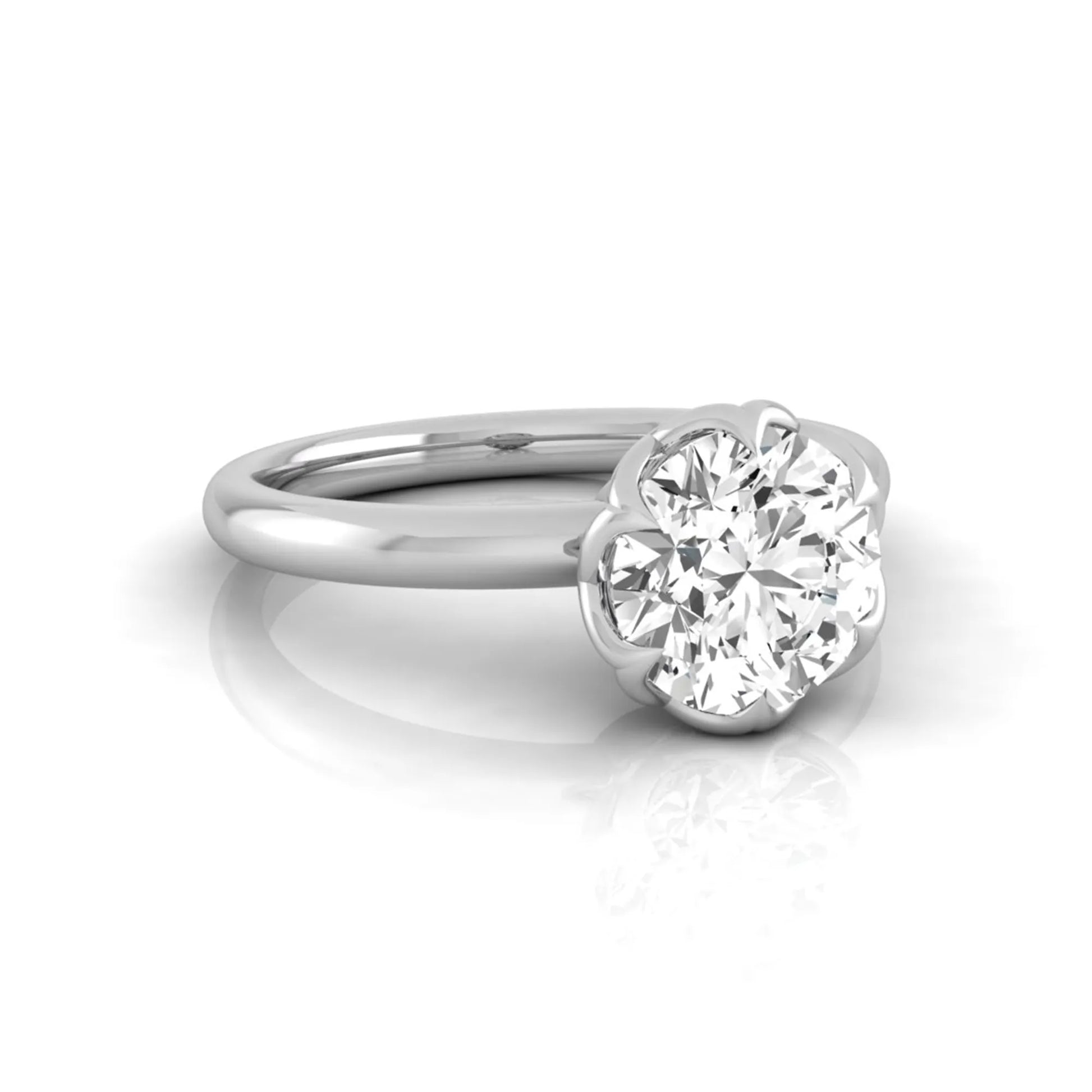 Round cut lab grown diamond solitaire engagement ring featuring a 2.04 carat IGI certified center diamond in a flower-inspired six-prong setting with a white gold design.