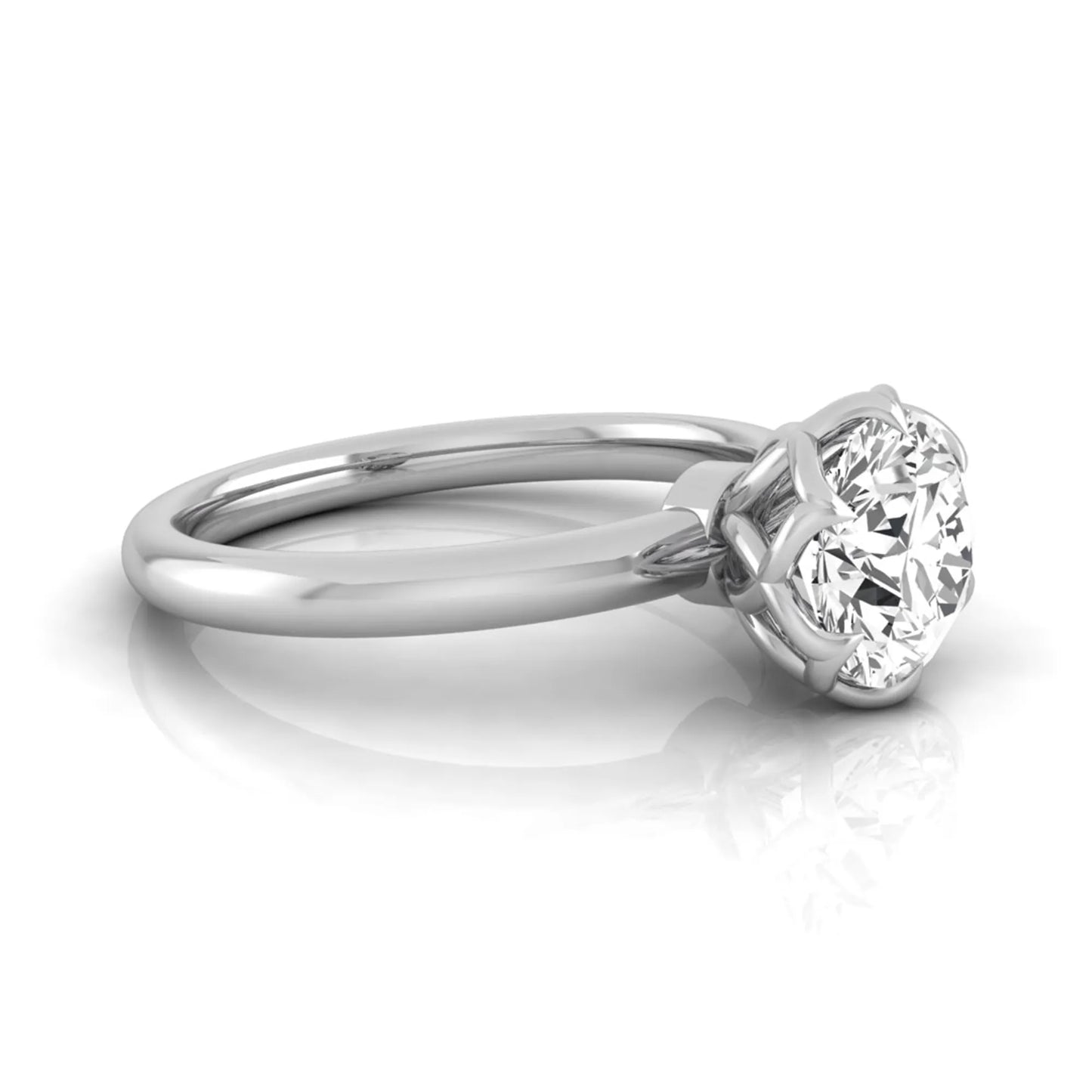 Round cut lab grown diamond solitaire engagement ring featuring a 2.04 carat IGI certified center diamond in a flower-inspired six-prong setting with a white gold design.