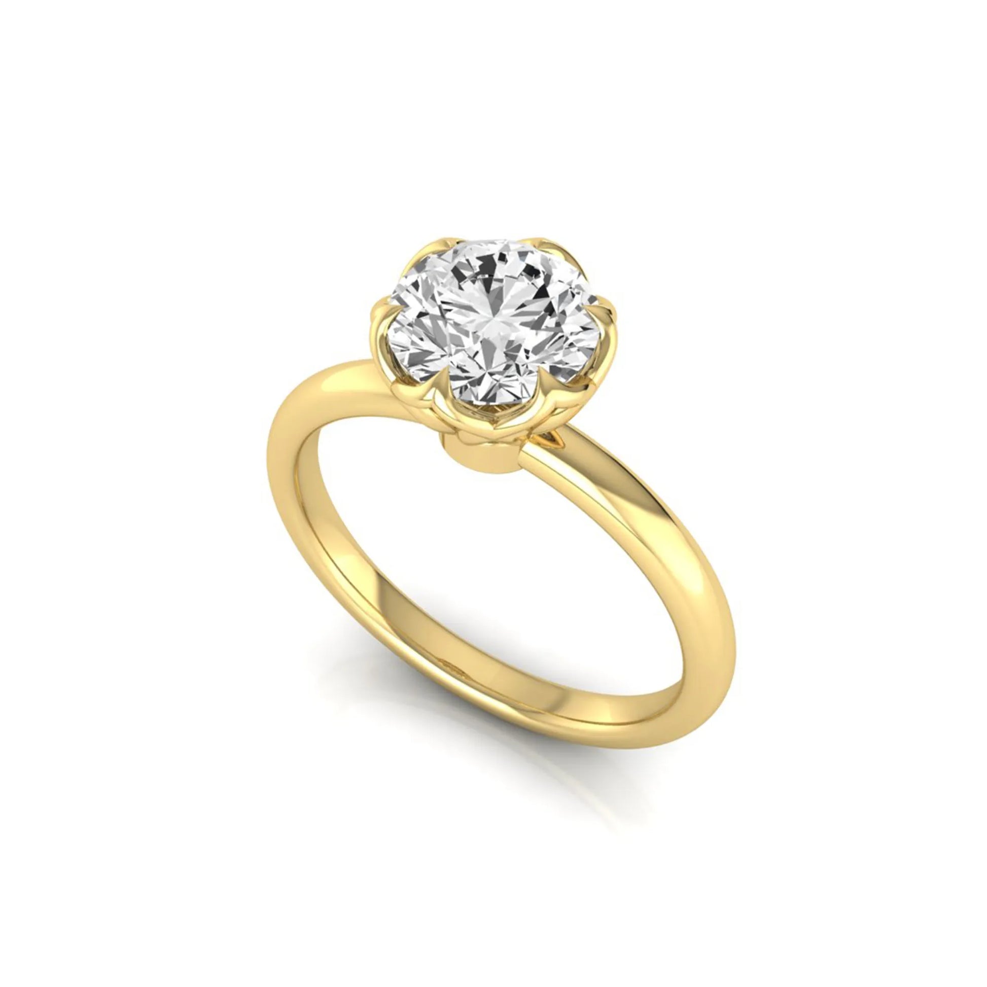 Round cut lab grown diamond solitaire engagement ring featuring a 2.04 carat IGI certified center diamond in a flower-inspired six-prong setting with a yellow gold design.