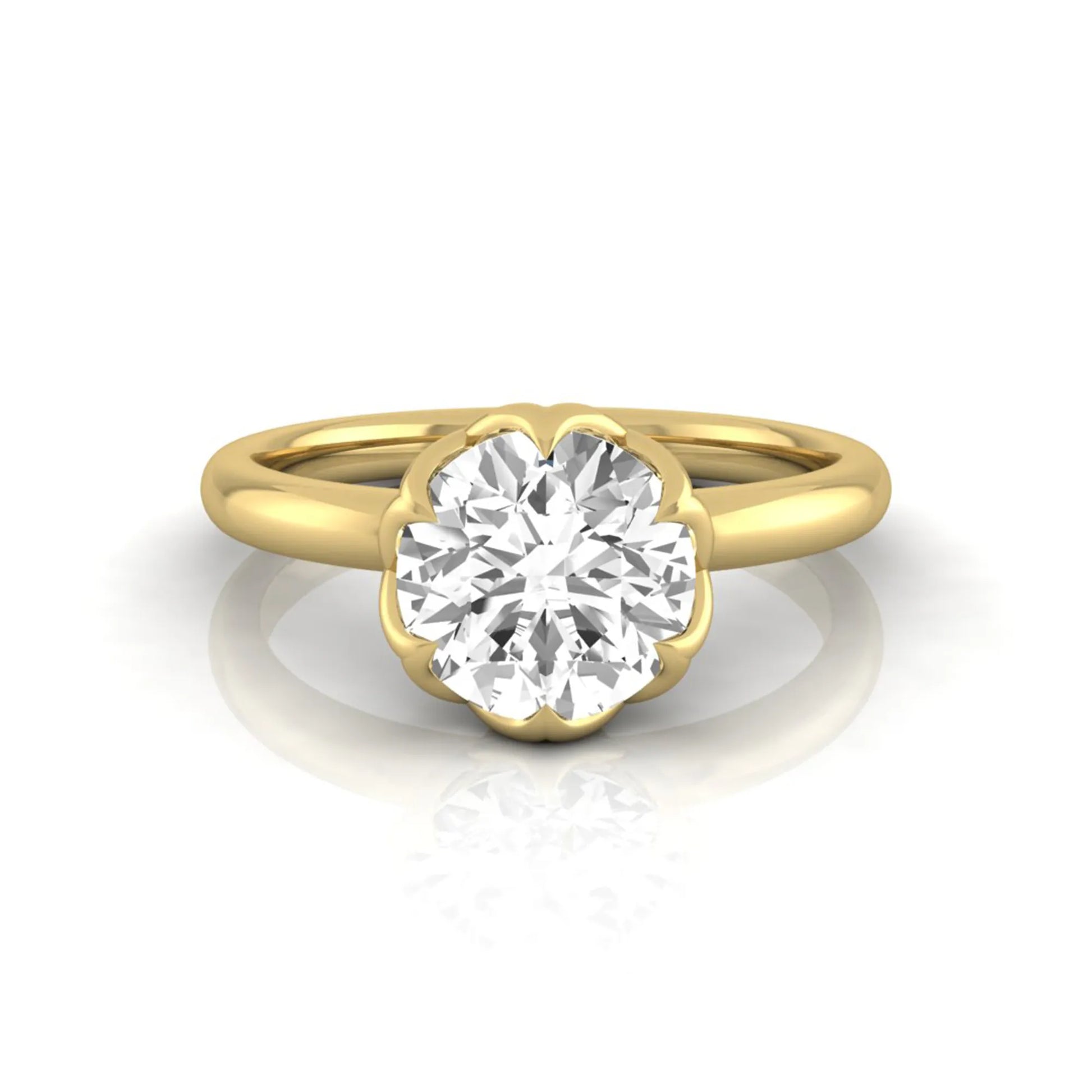 Round cut lab grown diamond solitaire engagement ring featuring a 2.04 carat IGI certified center diamond in a flower-inspired six-prong setting with a yellow gold design.