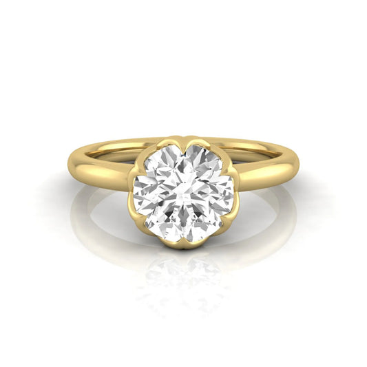 Round cut lab grown diamond solitaire engagement ring featuring a 2.04 carat IGI certified center diamond in a flower-inspired six-prong setting with a yellow gold design.
