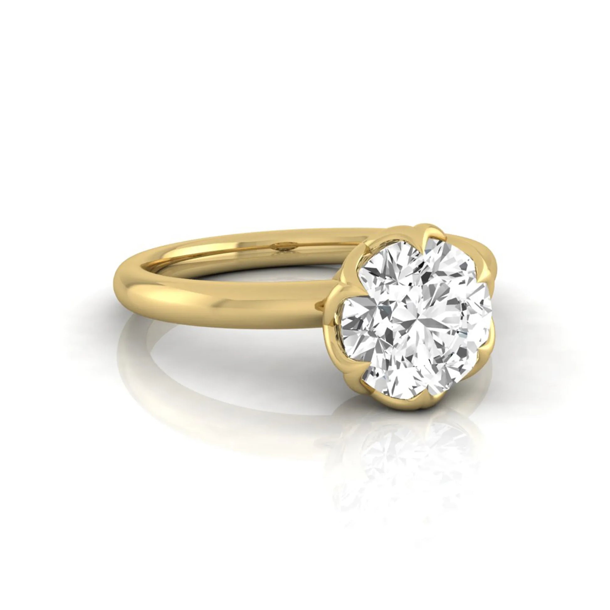 Round cut lab grown diamond solitaire engagement ring featuring a 2.04 carat IGI certified center diamond in a flower-inspired six-prong setting with a yellow gold design.