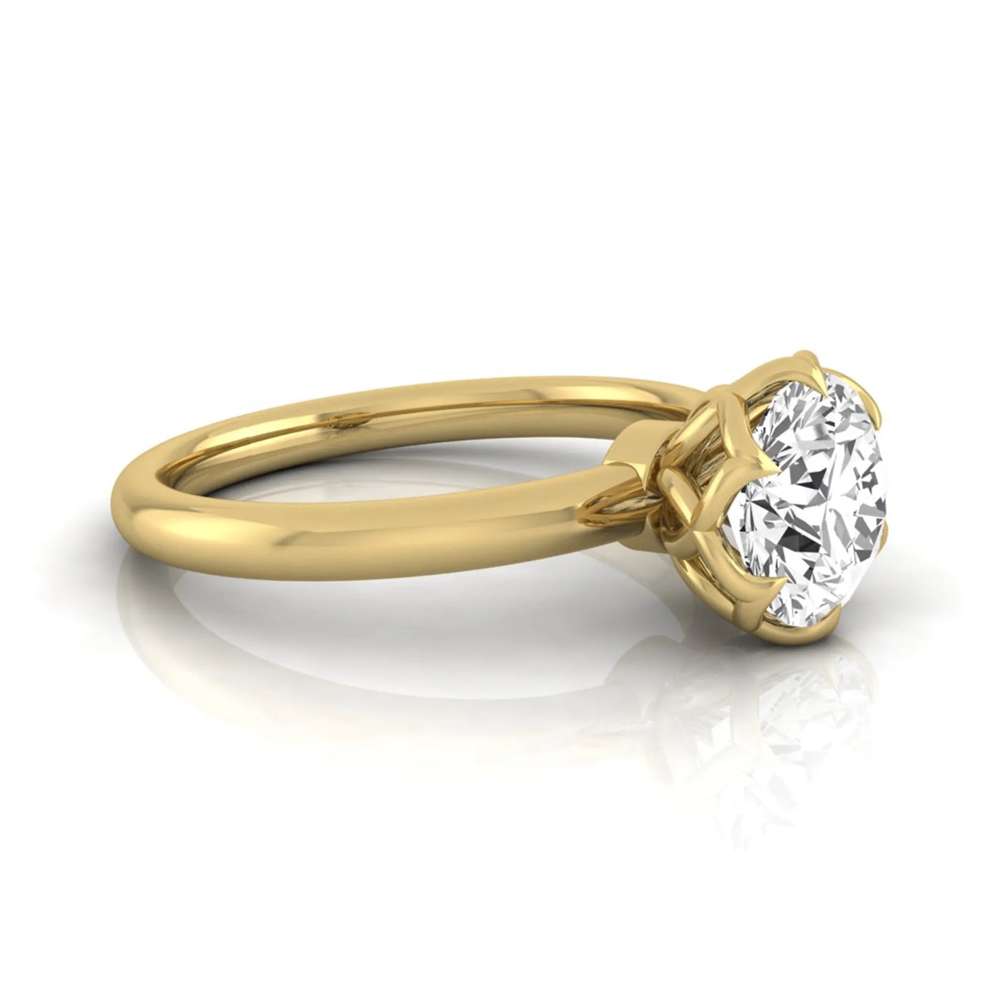 Round cut lab grown diamond solitaire engagement ring featuring a 2.04 carat IGI certified center diamond in a flower-inspired six-prong setting with a yellow gold design.