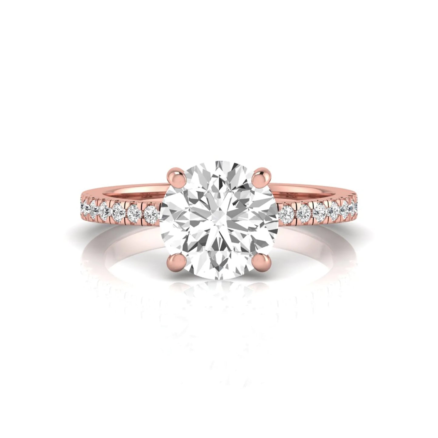 Round channel set lab grown diamond three stone ring with rose gold metal tone and modern geometric design.