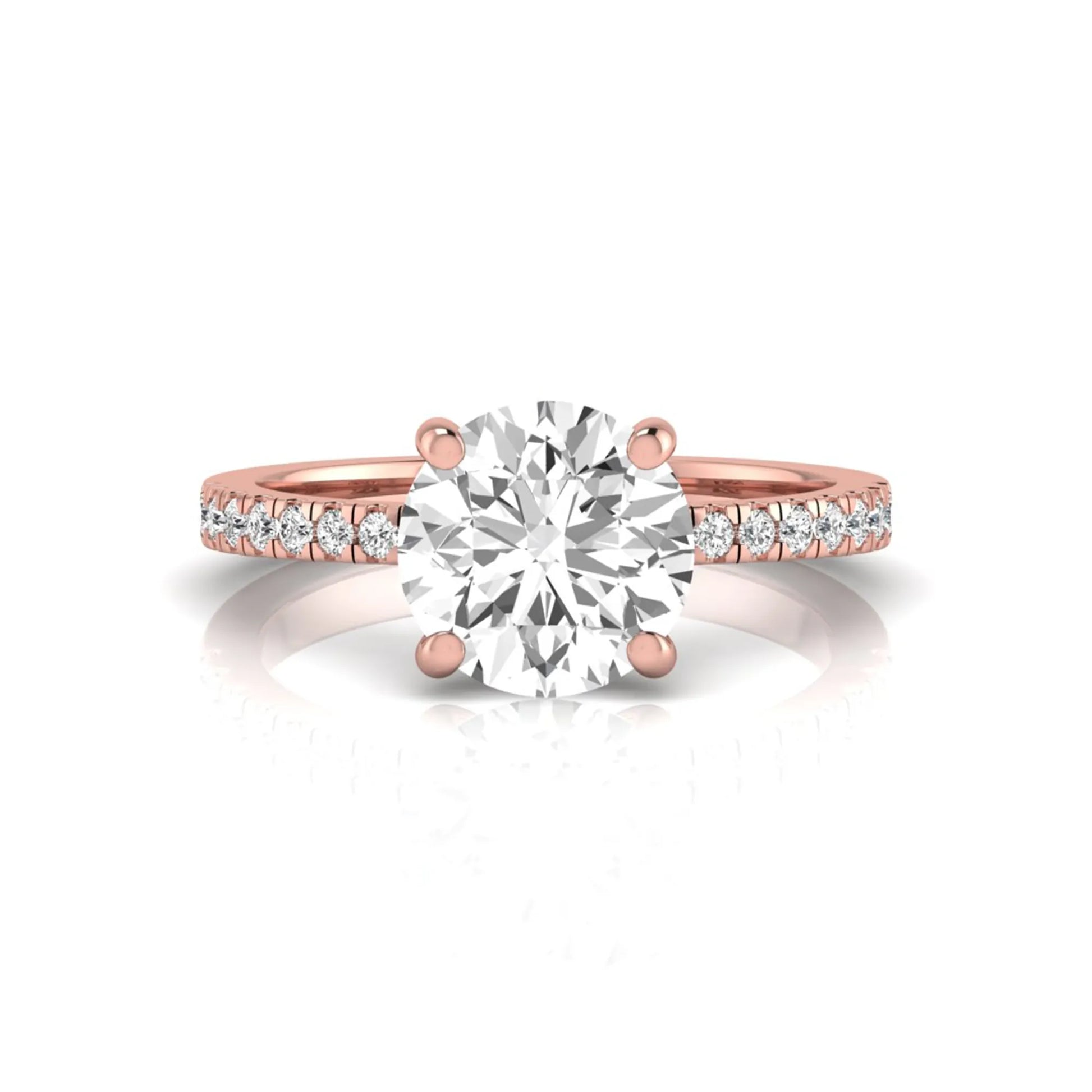 Round channel set lab grown diamond three stone ring with rose gold metal tone and modern geometric design.