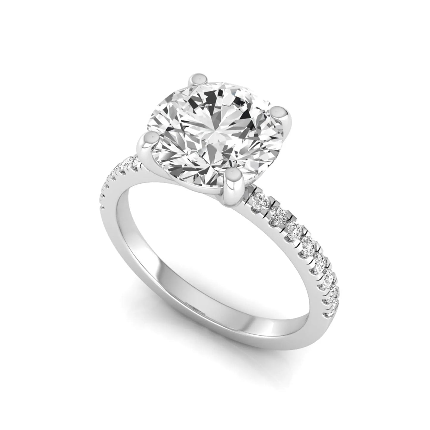 Round channel set lab grown diamond three stone ring with white gold metal tone and modern geometric design.