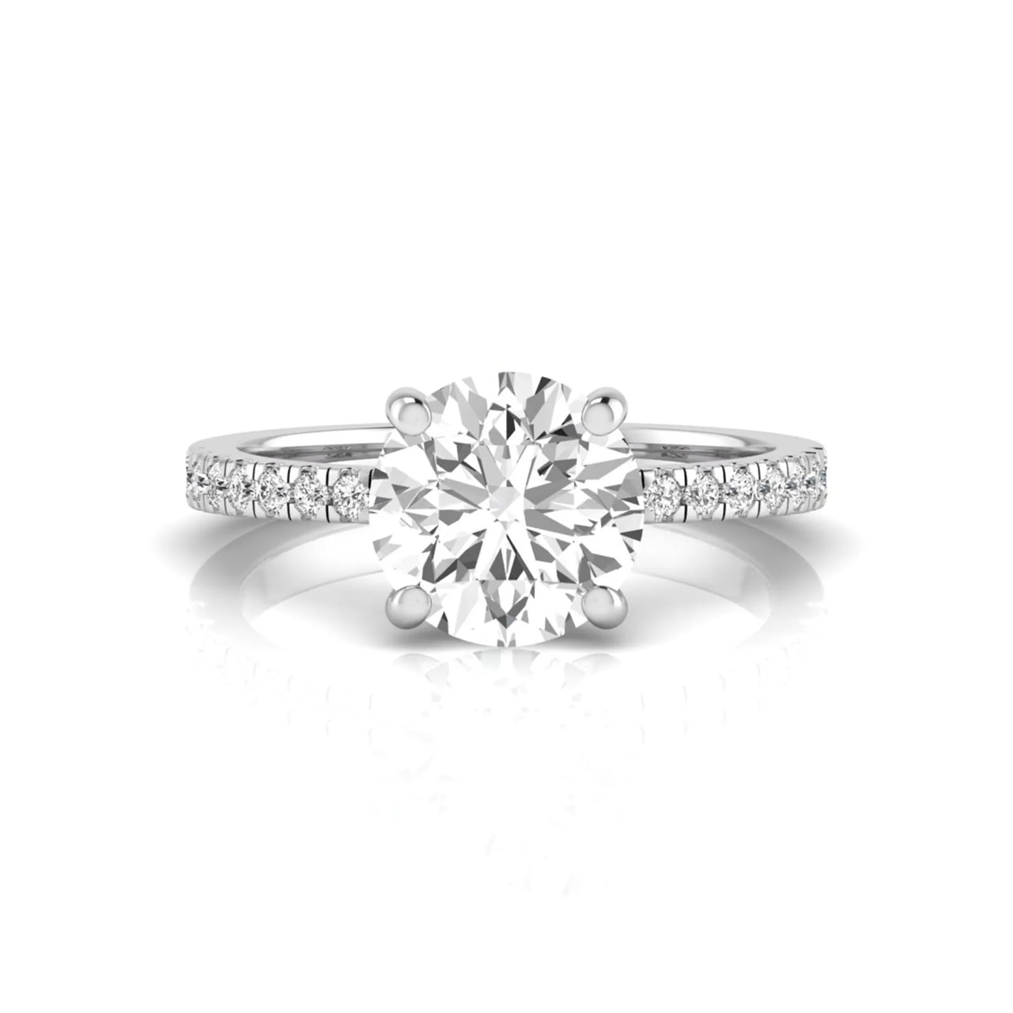 Round channel set lab grown diamond three stone ring with white gold metal tone and modern geometric design.