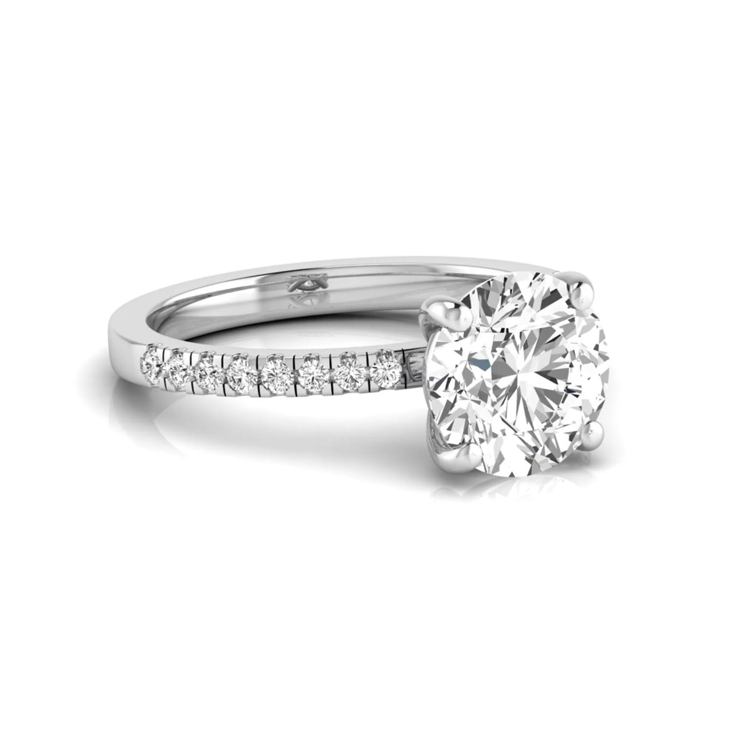 Round channel set lab grown diamond three stone ring with white gold metal tone and modern geometric design.