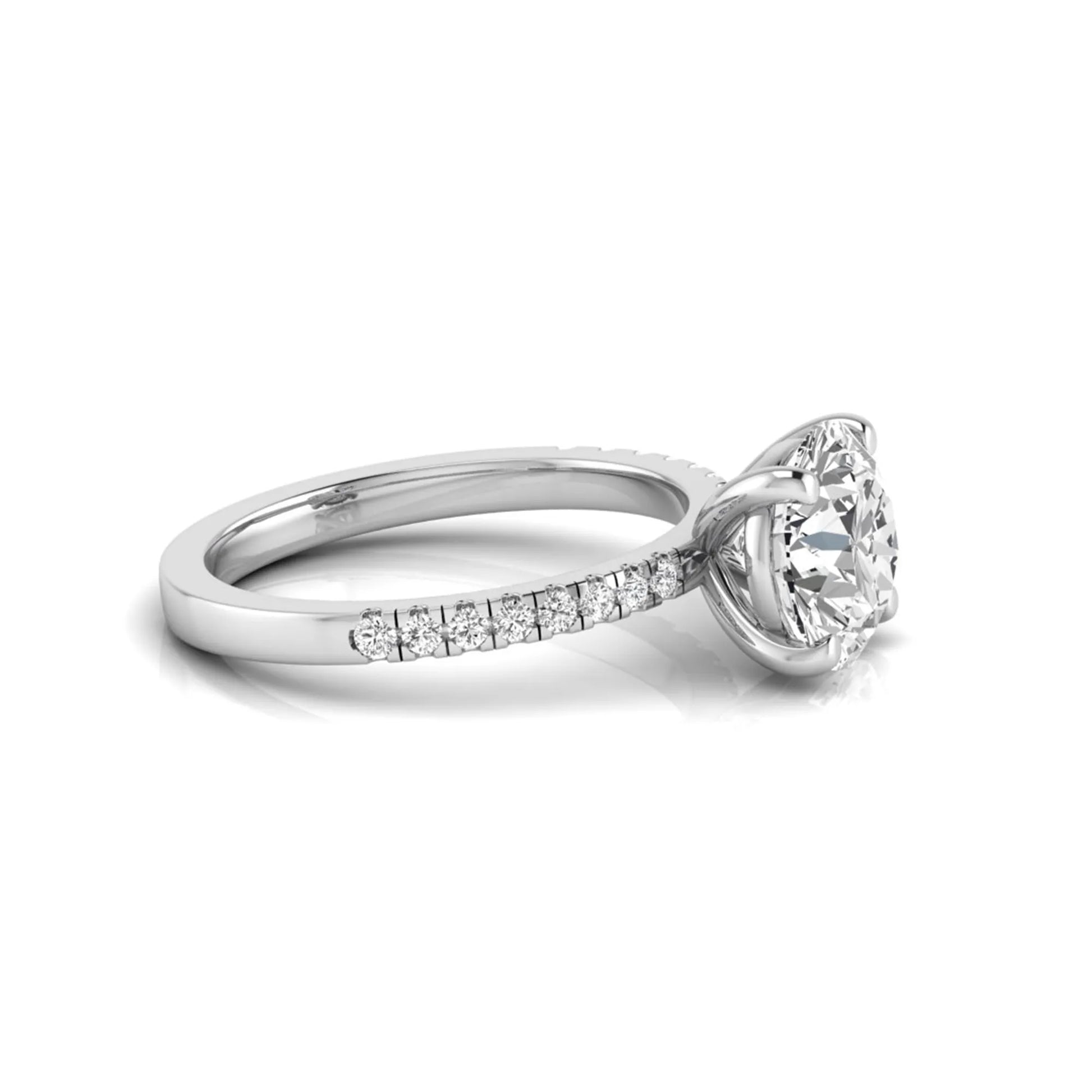 Round channel set lab grown diamond three stone ring with white gold metal tone and modern geometric design.