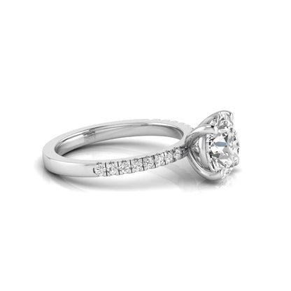 Round channel set lab grown diamond three stone ring with white gold metal tone and modern geometric design.