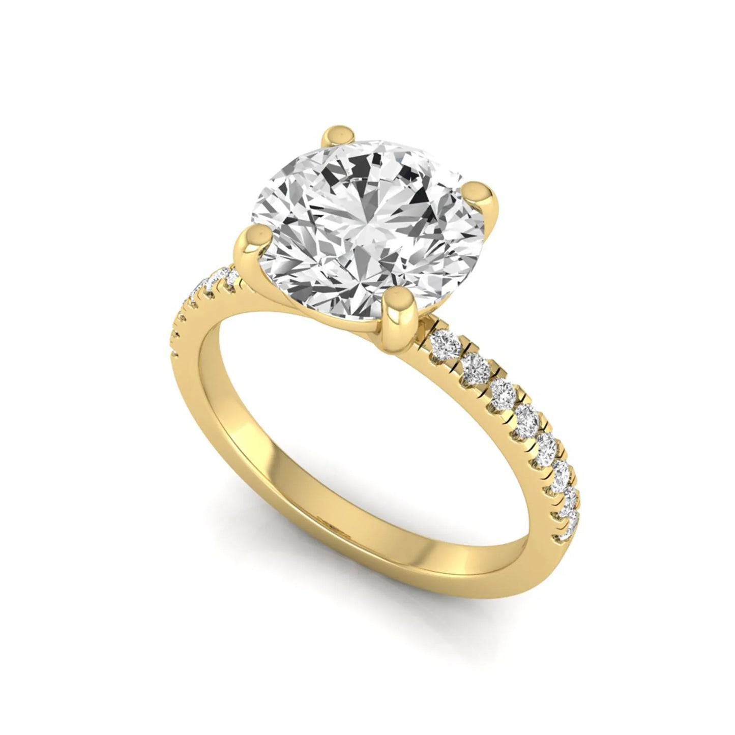 Round channel set lab grown diamond three stone ring with yellow gold metal tone and modern geometric design.
