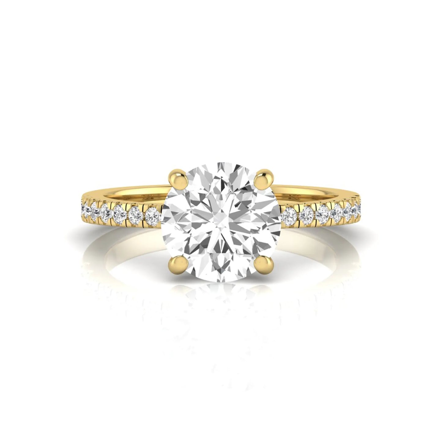 Round channel set lab grown diamond three stone ring with yellow gold metal tone and modern geometric design.