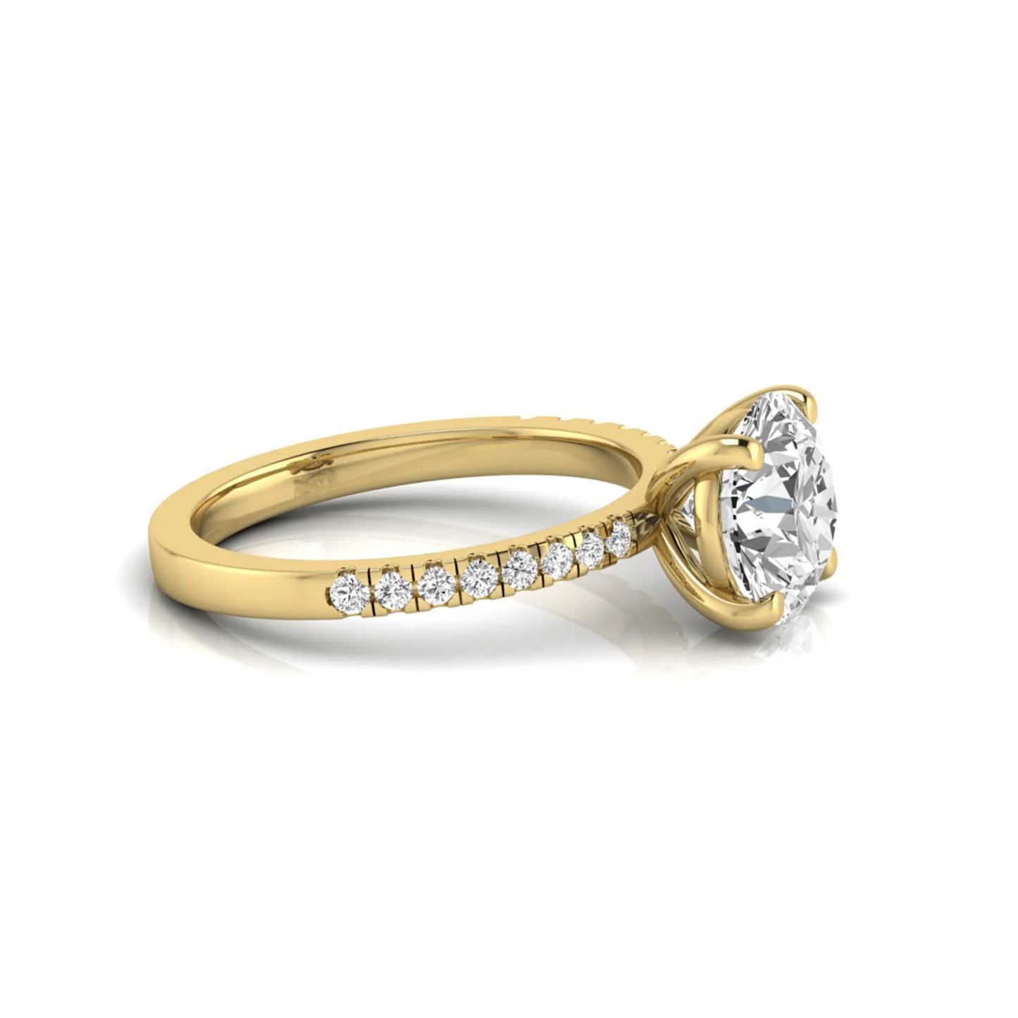 Round channel set lab grown diamond three stone ring with yellow gold metal tone and modern geometric design.