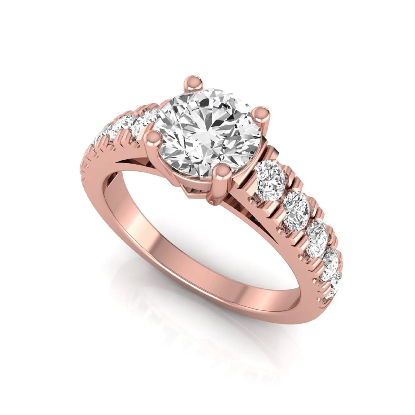 Round cut lab grown diamond side stone engagement ring featuring a four-prong setting with round accent diamonds in a rose gold tone design.