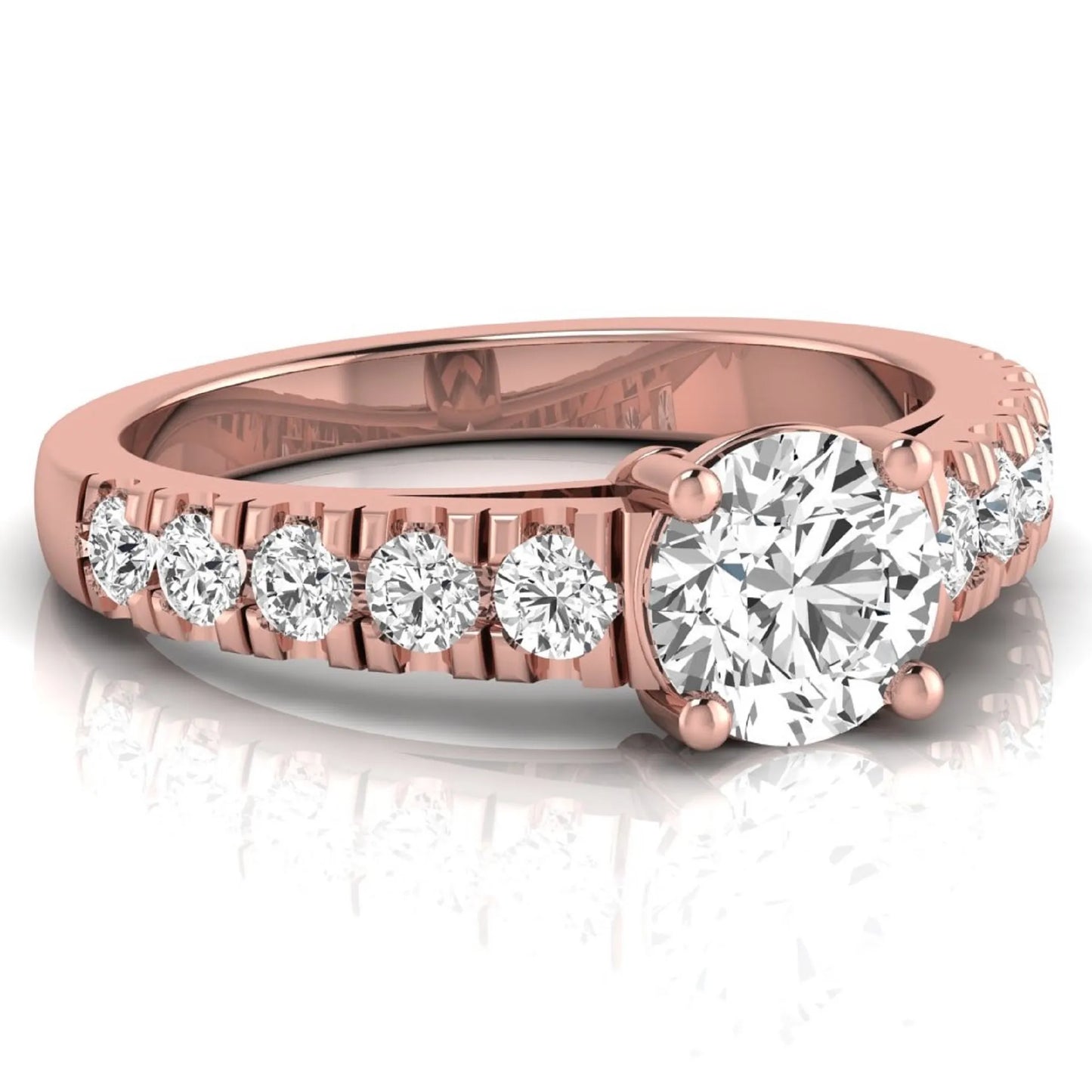 Round cut lab grown diamond side stone engagement ring featuring a four-prong setting with round accent diamonds in a rose gold tone design.