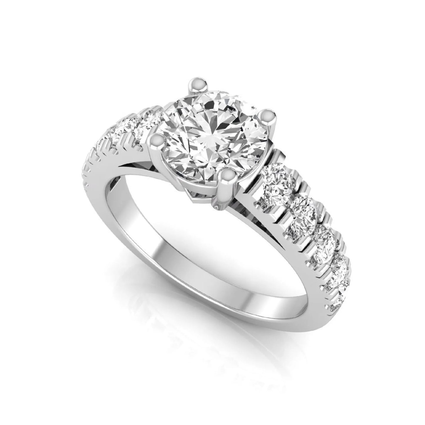 Round cut lab grown diamond side stone engagement ring featuring a four-prong setting with round accent diamonds in a white gold tone design.