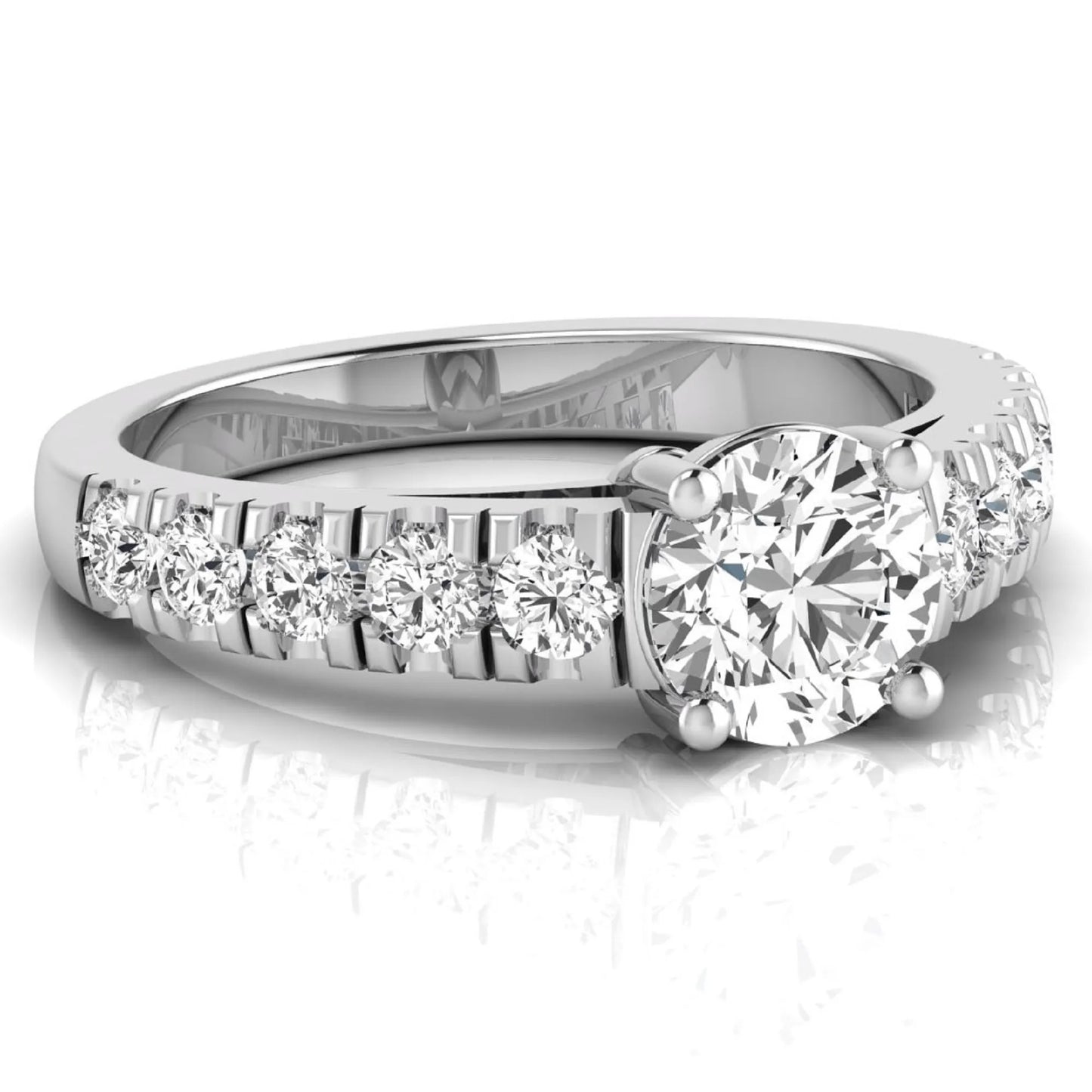 Round cut lab grown diamond side stone engagement ring featuring a four-prong setting with round accent diamonds in a white gold tone design.