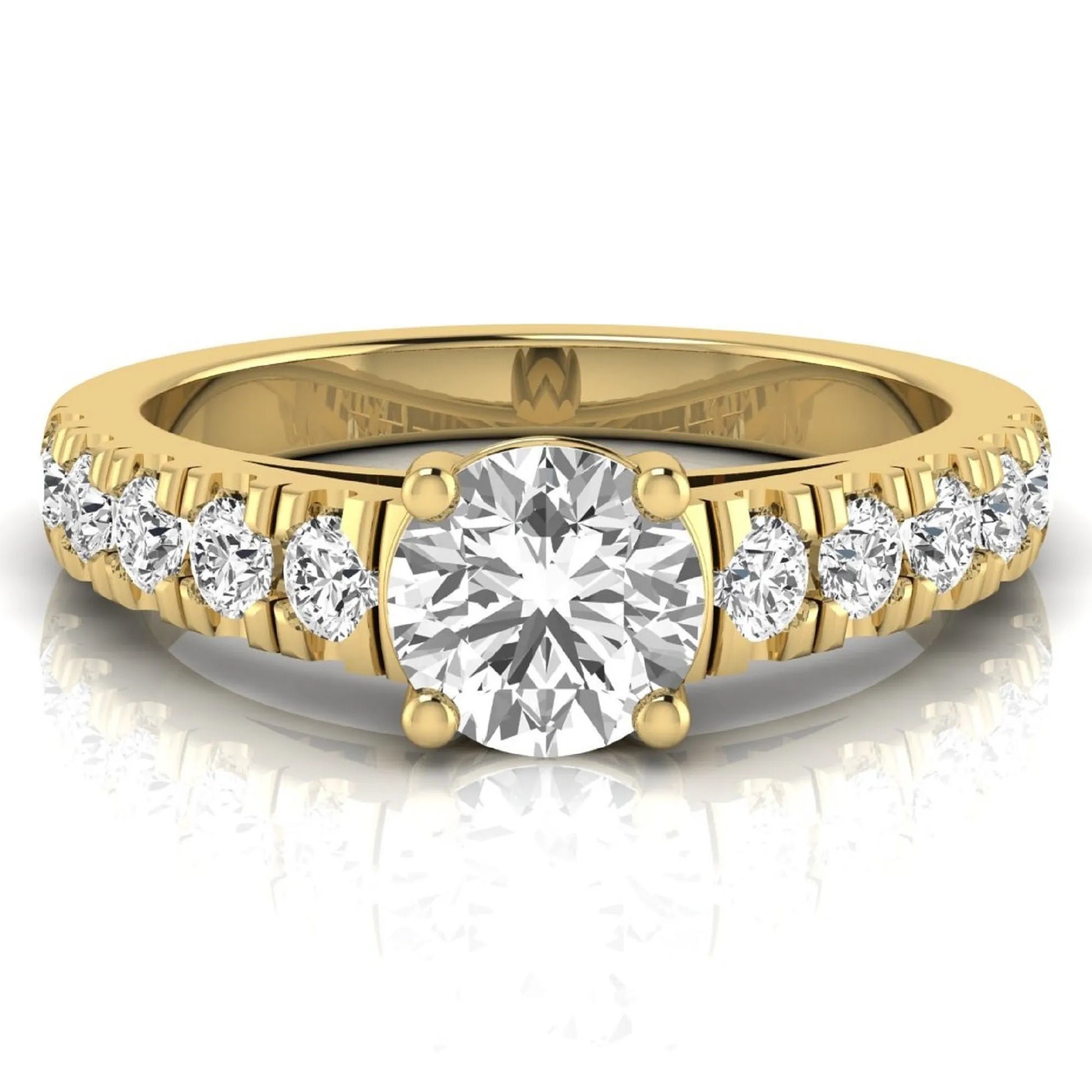 Round cut lab grown diamond side stone engagement ring featuring a four-prong setting with round accent diamonds in a yellow gold tone design.