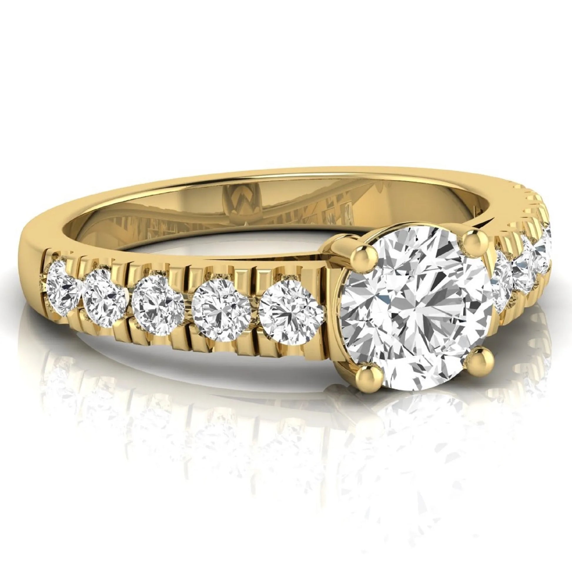 Round cut lab grown diamond side stone engagement ring featuring a four-prong setting with round accent diamonds in a yellow gold tone design.