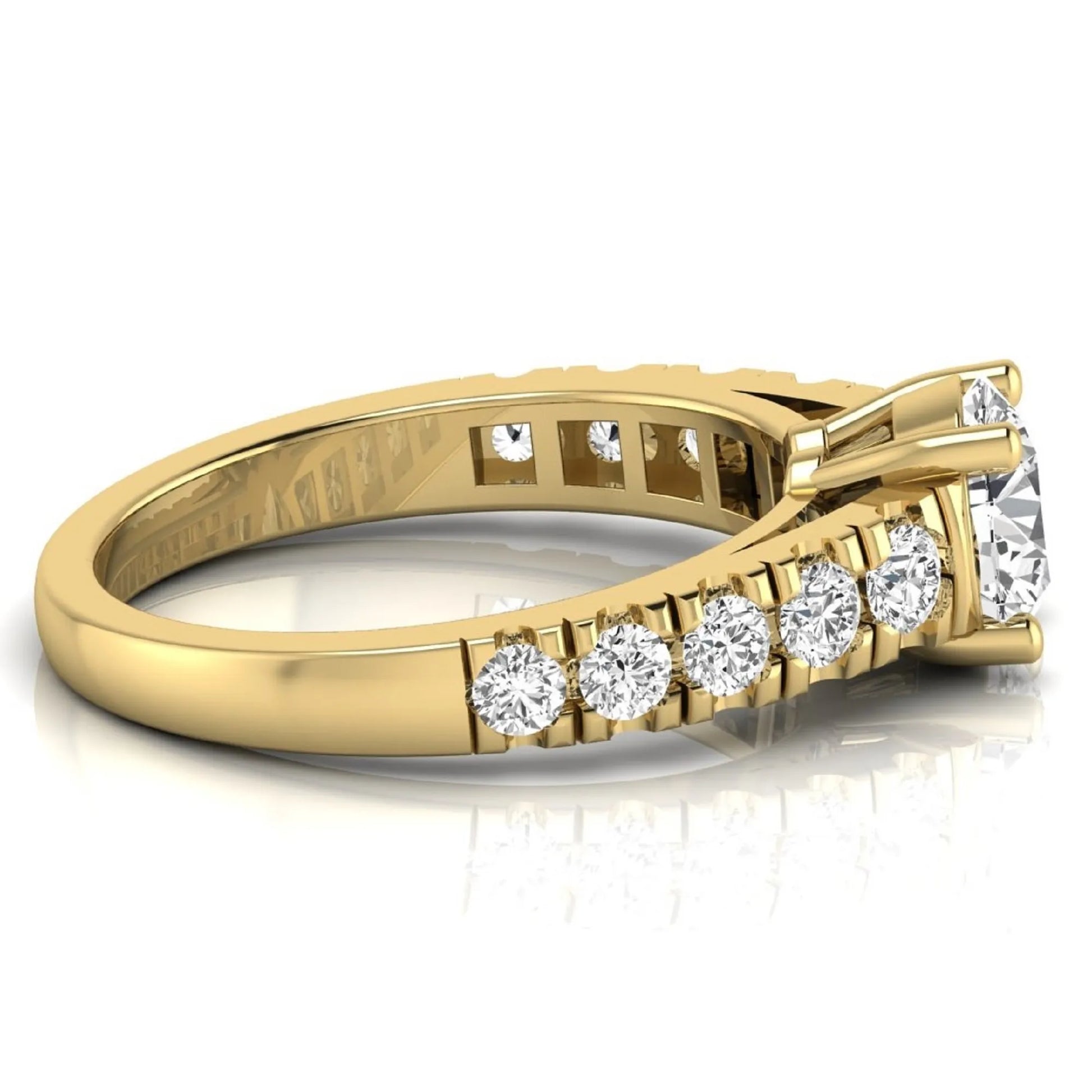 Round cut lab grown diamond side stone engagement ring featuring a four-prong setting with round accent diamonds in a yellow gold tone design.