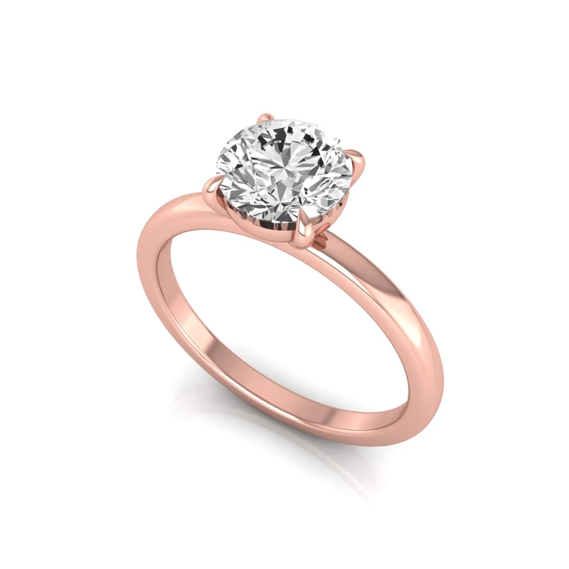 Round cut lab grown diamond solitaire engagement ring featuring a classic four-prong setting with a rose gold tone band.