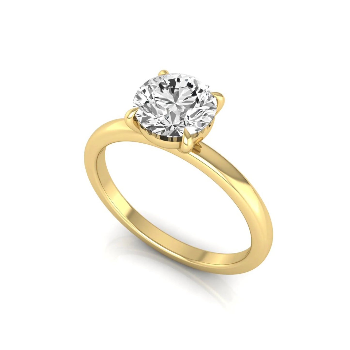 Round cut lab grown diamond solitaire engagement ring featuring a classic four-prong setting with a yellow gold tone band.