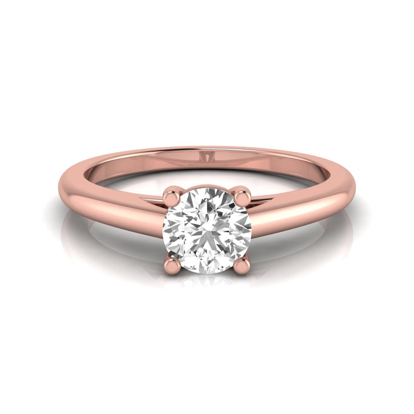 Round cut lab grown diamond solitaire engagement ring featuring a classic four-prong setting with a rose gold tone band.