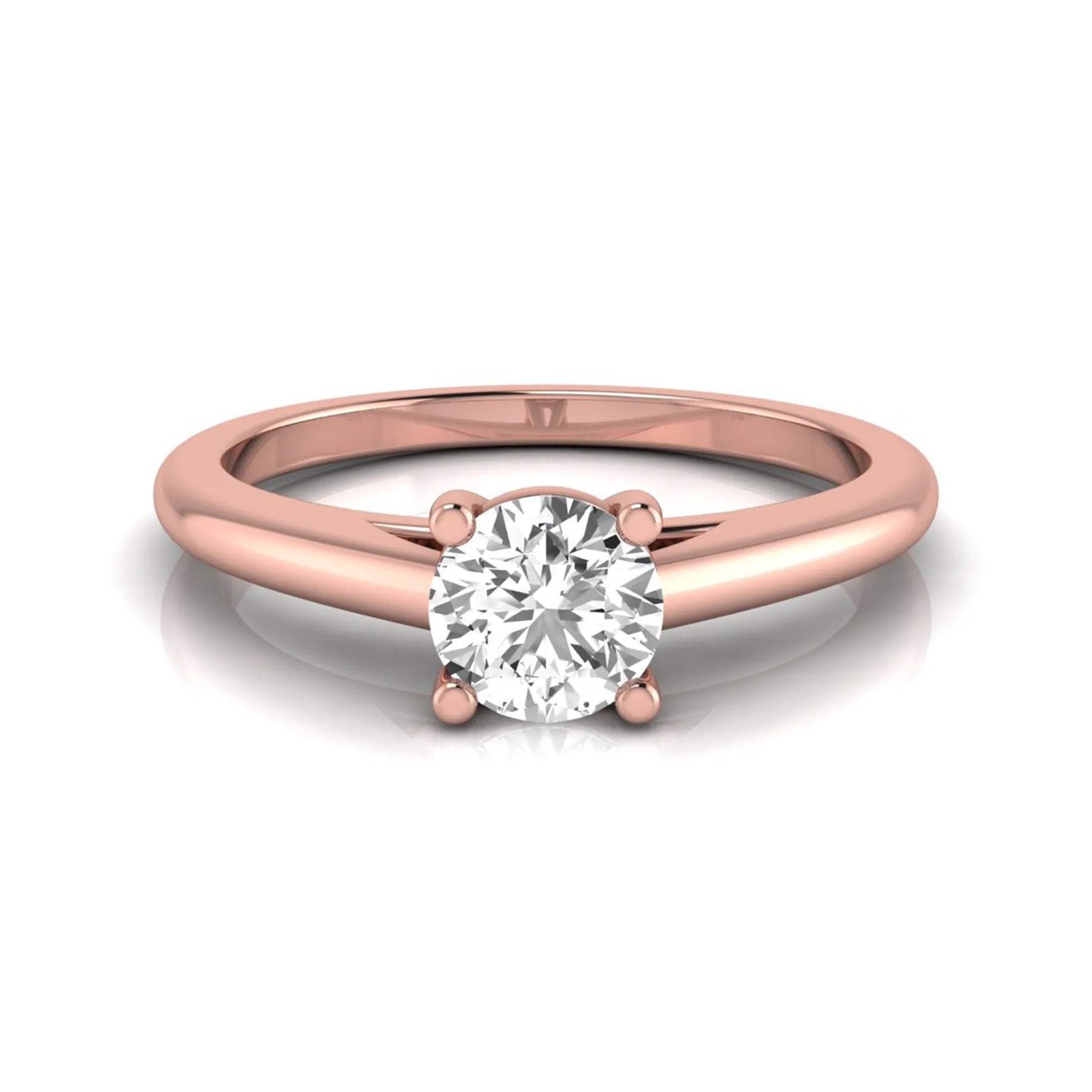 Round cut lab grown diamond solitaire engagement ring featuring a classic four-prong setting with a rose gold tone band.