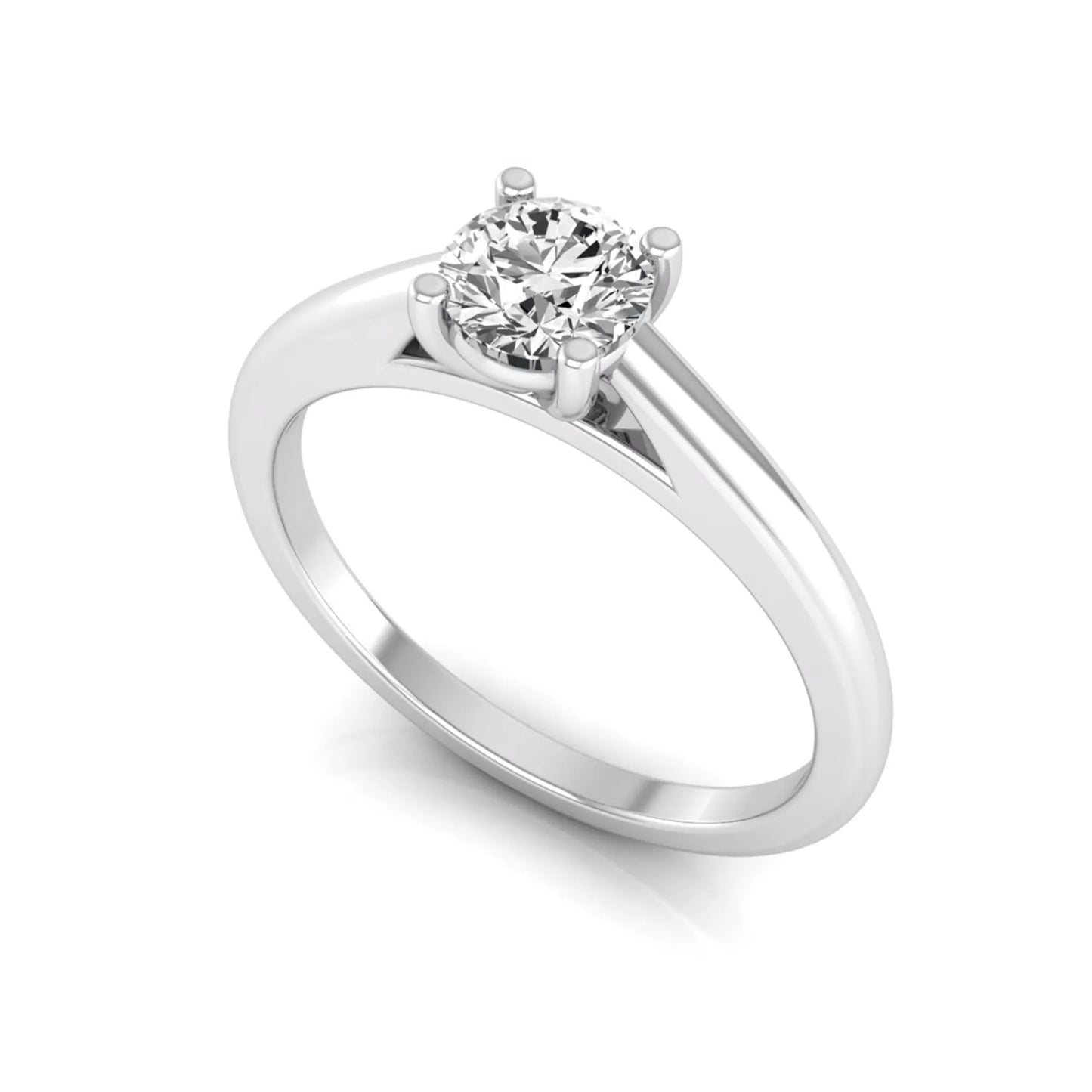 Round cut lab grown diamond solitaire engagement ring featuring a classic four-prong setting with a white gold tone band.