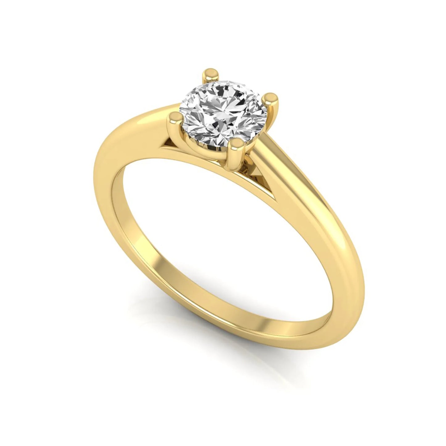 Round cut lab grown diamond solitaire engagement ring featuring a classic four-prong setting with a yellow gold tone band.